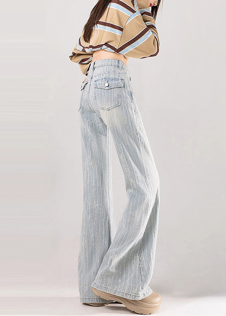 Casual Light Blue Jacquard Striped Denim Flare Bottoms Fall