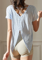 Casual Light Blue O-Neck Solid Short Sleeve Yoga Top
