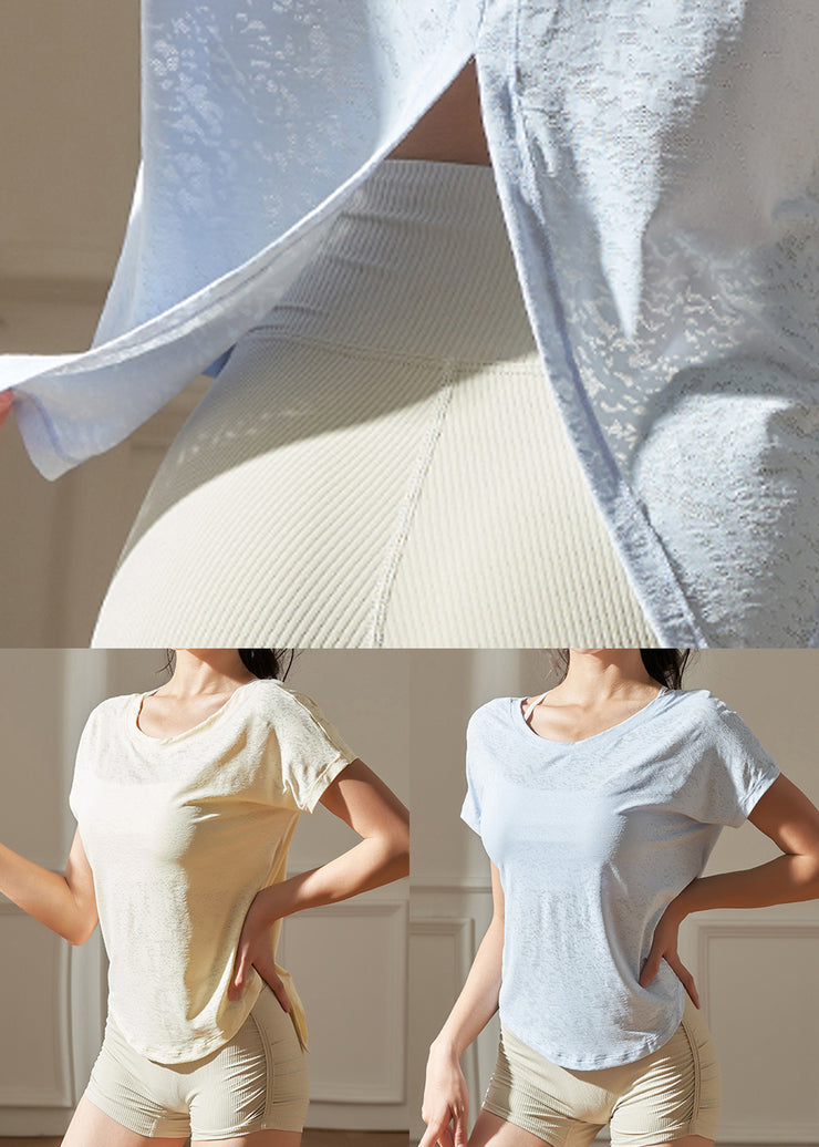 Casual Light Blue O-Neck Solid Short Sleeve Yoga Top