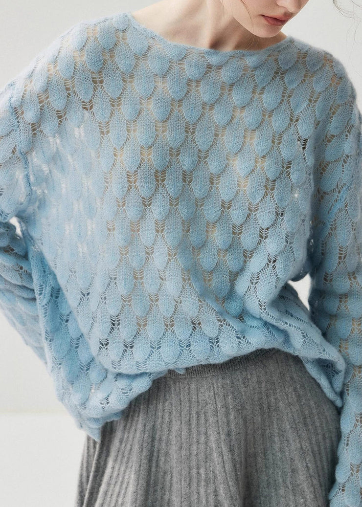 Casual Light Blue Slash Neck Hollow Out Cotton Knit Sweater Fall