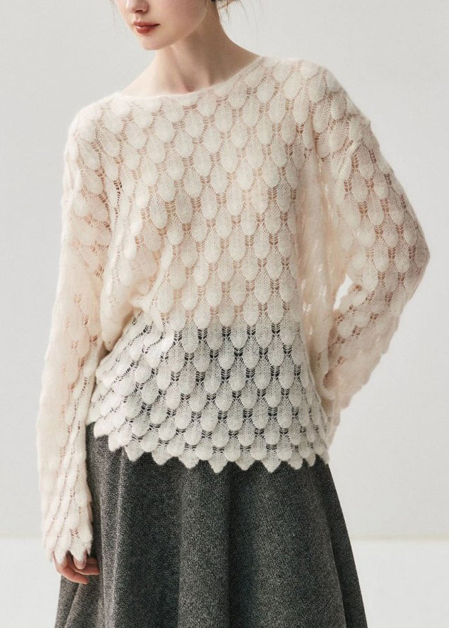 Casual Light Blue Slash Neck Hollow Out Cotton Knit Sweater Fall