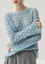 Casual Light Blue Slash Neck Hollow Out Cotton Knit Sweater Fall