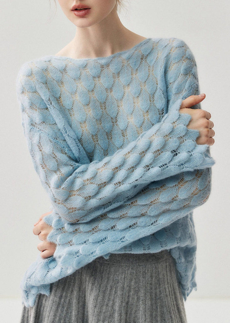 Casual Light Blue Slash Neck Hollow Out Cotton Knit Sweater Fall