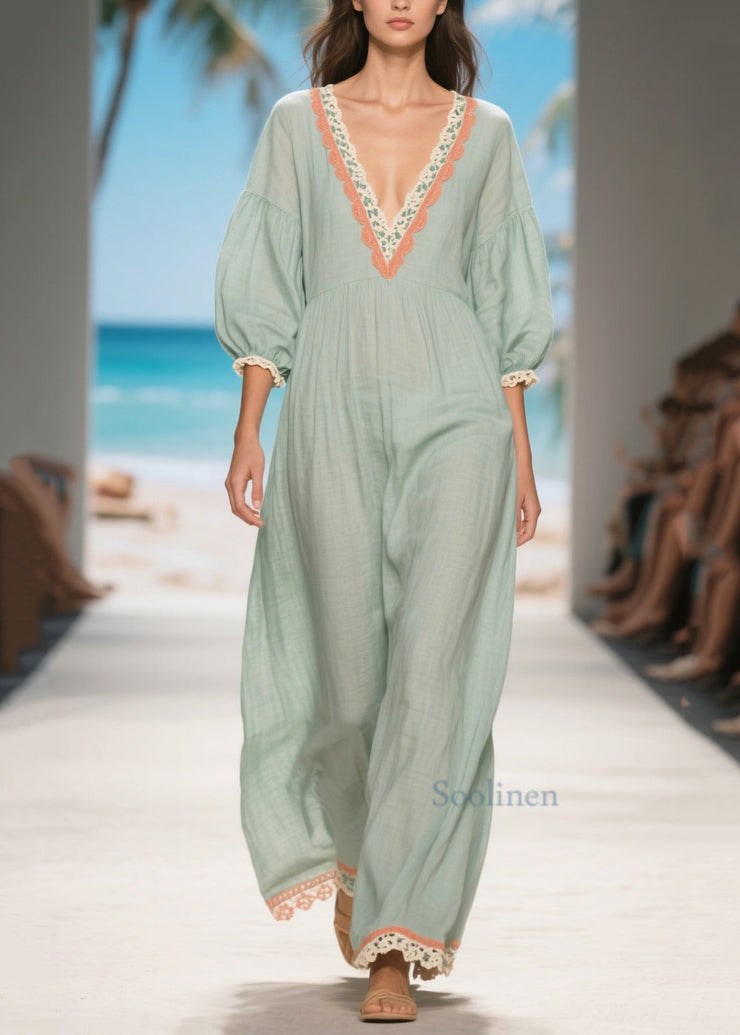 Casual Light Blue V Neck Patchwork Lace Linen Long Dress Summer
