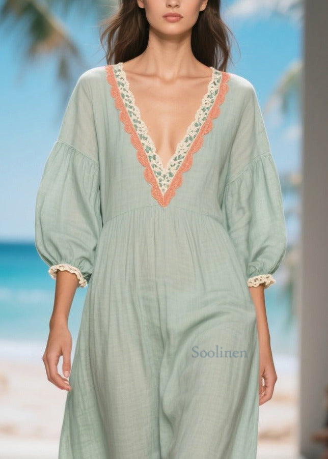 Casual Light Blue V Neck Patchwork Lace Linen Long Dress Summer