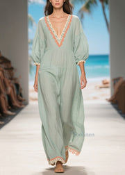 Casual Light Blue V Neck Patchwork Lace Linen Long Dress Summer