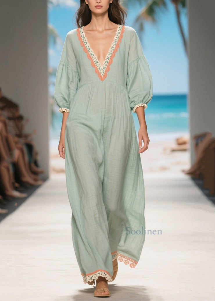 Casual Light Blue V Neck Patchwork Lace Linen Long Dress Summer