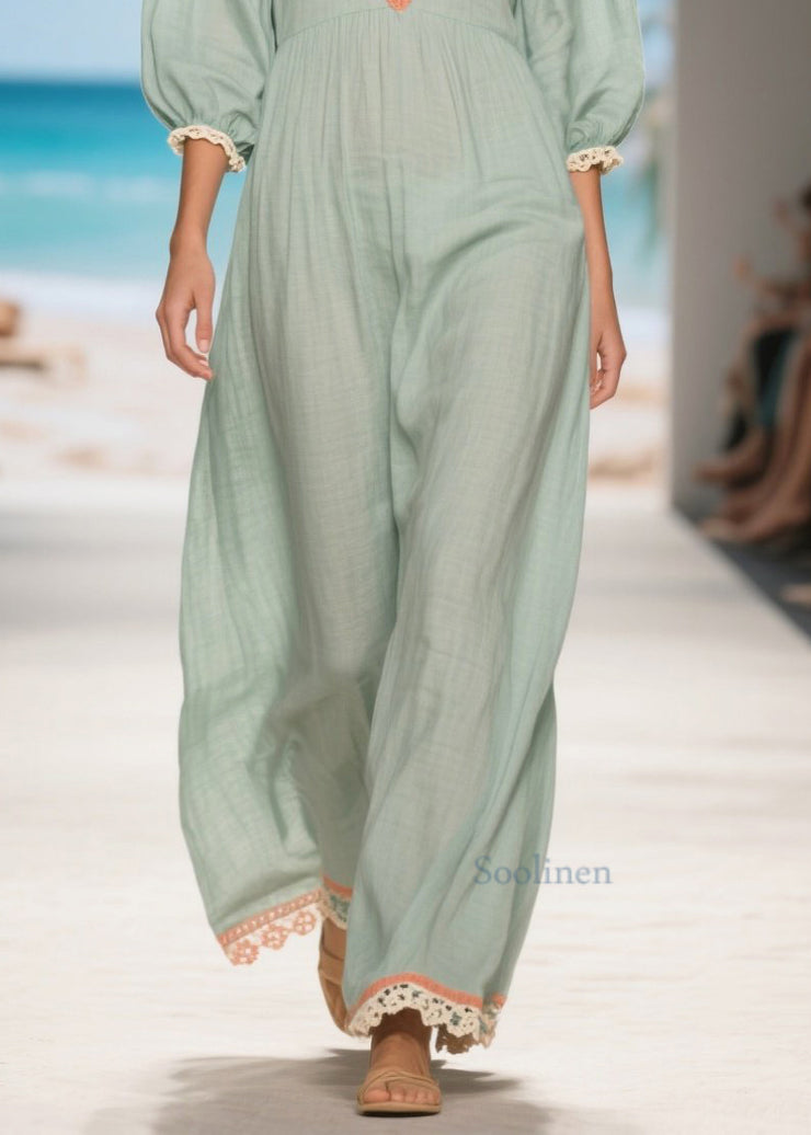 Casual Light Blue V Neck Patchwork Lace Linen Long Dress Summer