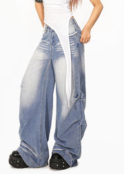 Casual Light Blue Wrinkled Pockets Patchwork Wide Leg Jeans