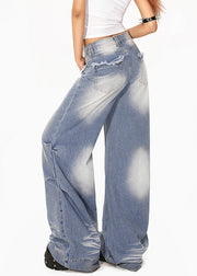 Casual Light Blue Wrinkled Pockets Patchwork Wide Leg Jeans