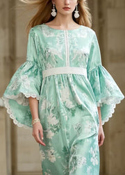 Casual Light Green Print Tunic Patchwork Lace Party Dress Flare Sleeve