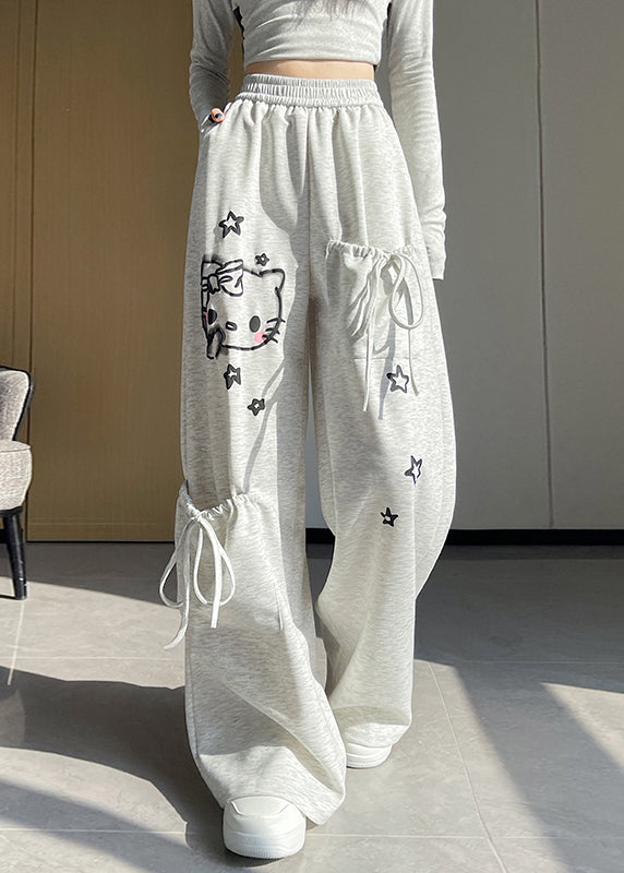 Casual Light Grey Elastic Waist Print Pockets Cotton Pants Fall