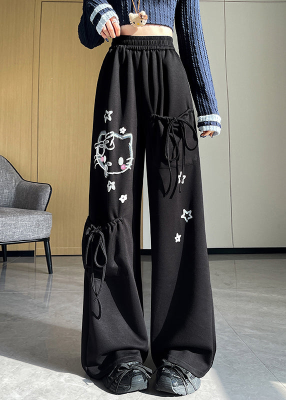 Casual Light Grey Elastic Waist Print Pockets Cotton Pants Fall