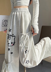 Casual Light Grey Elastic Waist Print Pockets Cotton Pants Fall