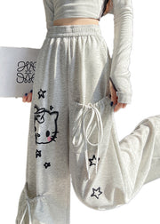 Casual Light Grey Elastic Waist Print Pockets Cotton Pants Fall