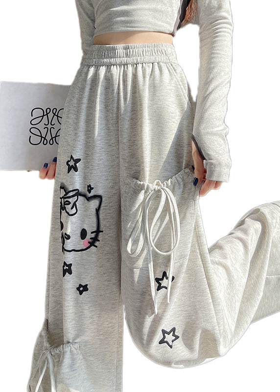 Casual Light Grey Elastic Waist Print Pockets Cotton Pants Fall