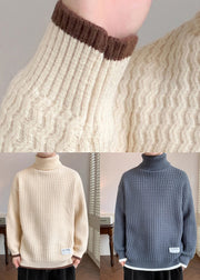 Casual Light Khaki Striped Patchwork Knit Mens Sweaters Winter