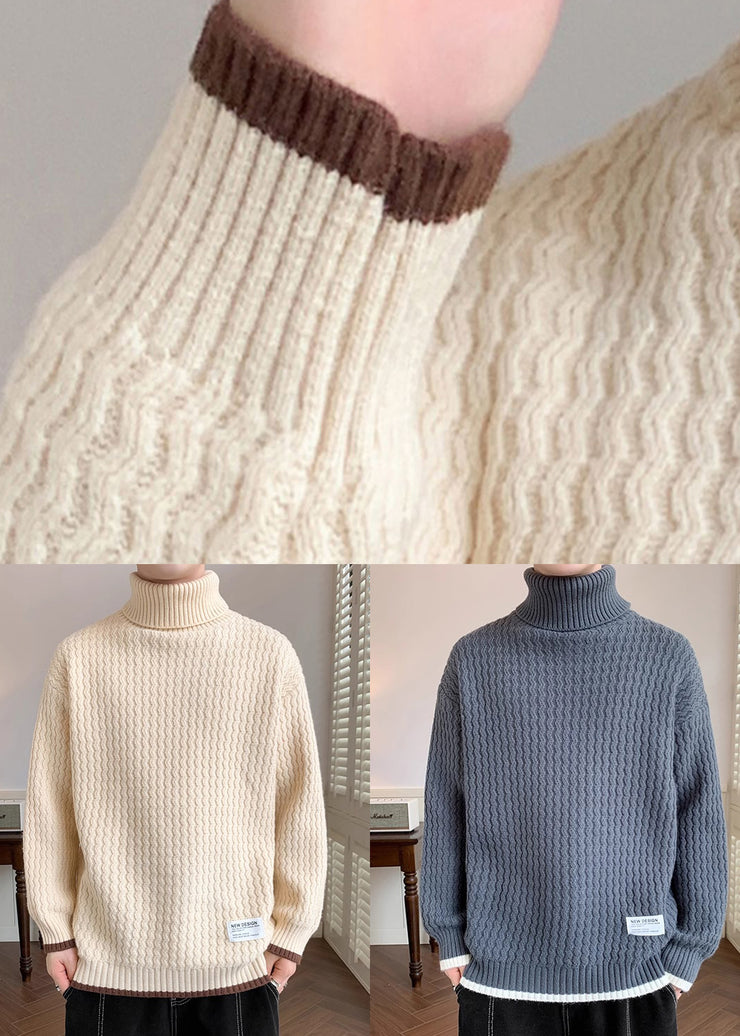 Casual Light Khaki Striped Patchwork Knit Mens Sweaters Winter