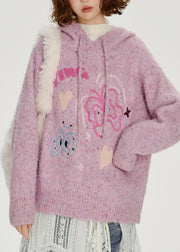 Casual Light Purple Hooded Jacquard Knit Loose Sweatshirt Winter