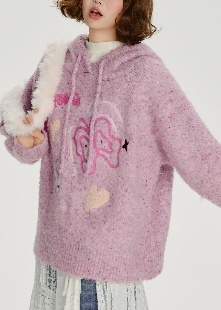 Casual Light Purple Hooded Jacquard Knit Loose Sweatshirt Winter