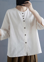 Casual Linen Color O Neck Button Cotton Top Bracelet Sleeve