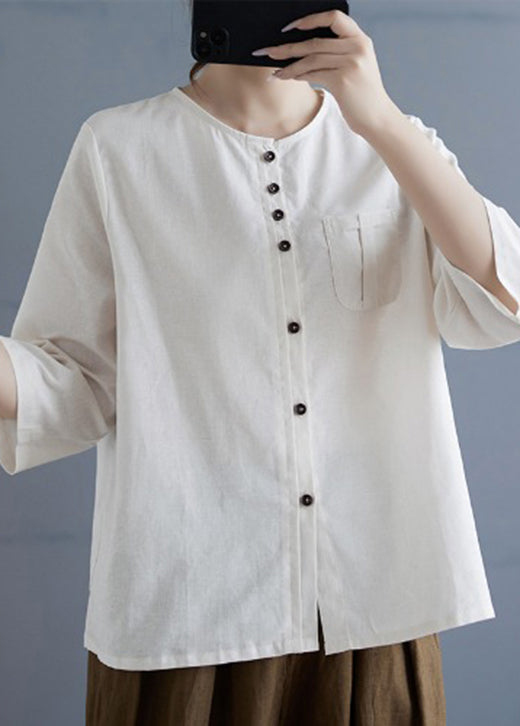 Casual Linen Color O Neck Button Cotton Top Bracelet Sleeve