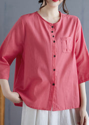 Casual Linen Color O Neck Button Cotton Top Bracelet Sleeve