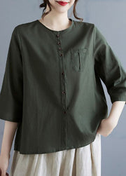 Casual Linen Color O Neck Button Cotton Top Bracelet Sleeve