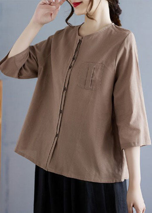 Casual Linen Color O Neck Button Cotton Top Bracelet Sleeve