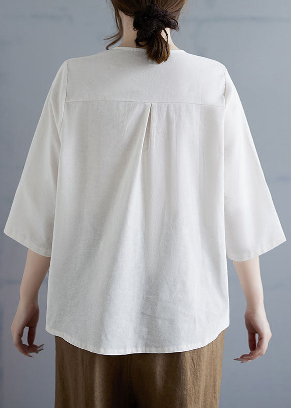 Casual Linen Color O Neck Button Cotton Top Bracelet Sleeve