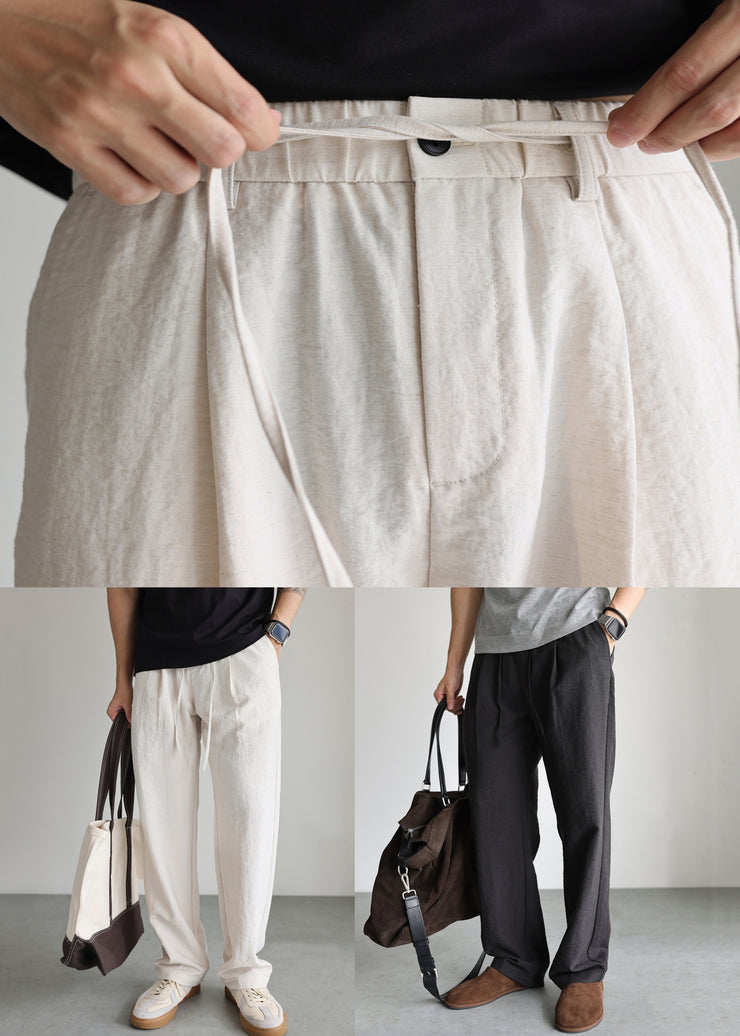 Casual Linen Lace Up Pockets Solid Mens Pants Fall