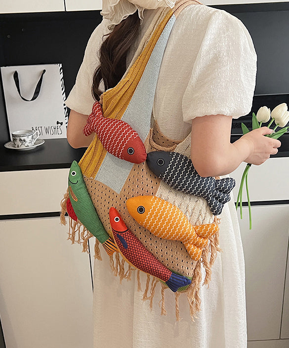Casual Mixed Color Fish Decorated Hollow Out Cotton Shoulder Bags