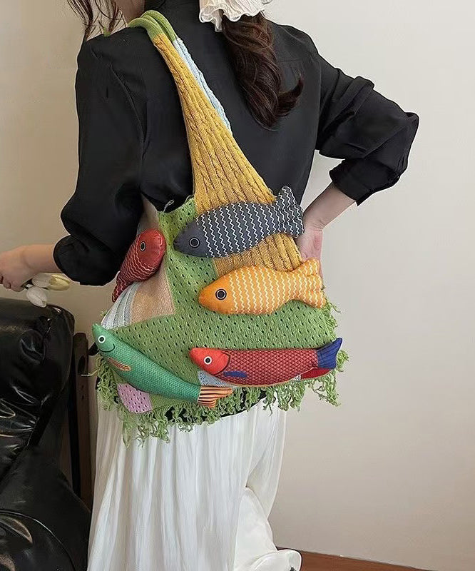 Casual Mixed Color Fish Decorated Hollow Out Cotton Shoulder Bags