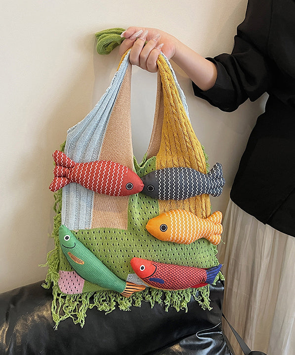 Casual Mixed Color Fish Decorated Hollow Out Cotton Shoulder Bags