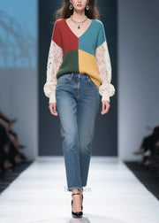 Casual Mixed Color Hollow Out Patchwork Lace Sweater Tops Fall
