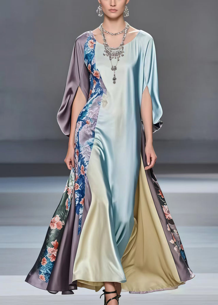 Casual Multicolour Patchwork Exra Large Hem Silk Dress Batwing Sleeve