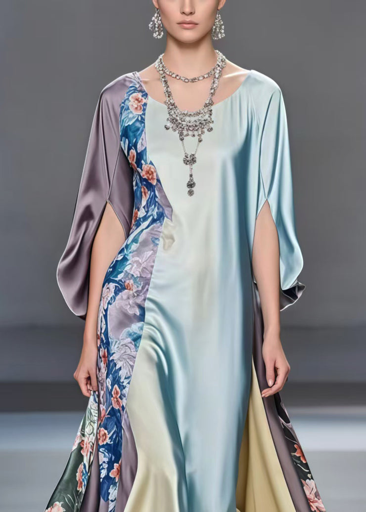 Casual Multicolour Patchwork Exra Large Hem Silk Dress Batwing Sleeve