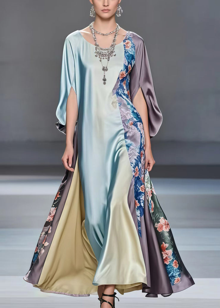 Casual Multicolour Patchwork Exra Large Hem Silk Dress Batwing Sleeve