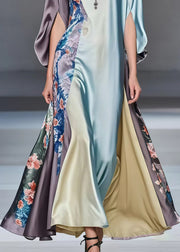 Casual Multicolour Patchwork Exra Large Hem Silk Dress Batwing Sleeve