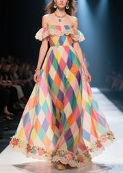 Casual Multicolour Plaid Exra Large Hem Chiffon Strapless Dress Summer
