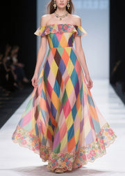 Casual Multicolour Plaid Patchwork Lace Chiffon Beach Strapless Dress Summer