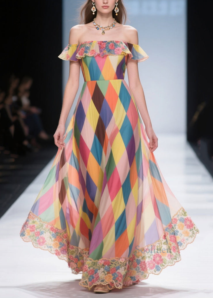 Casual Multicolour Plaid Patchwork Lace Chiffon Beach Strapless Dress Summer
