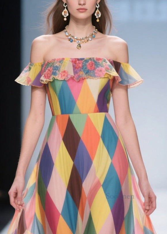 Casual Multicolour Plaid Patchwork Lace Chiffon Beach Strapless Dress Summer
