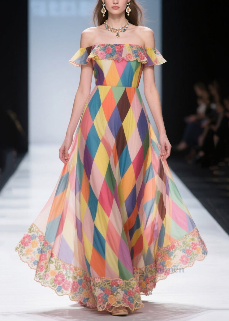 Casual Multicolour Plaid Patchwork Lace Chiffon Beach Strapless Dress Summer