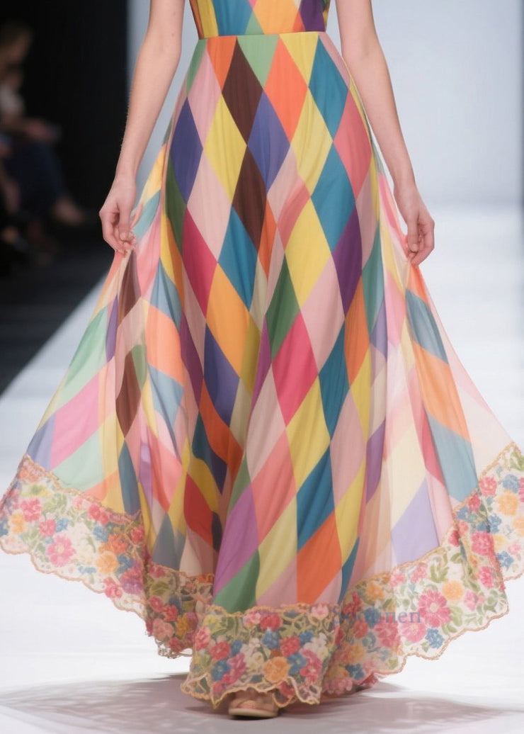 Casual Multicolour Plaid Patchwork Lace Chiffon Beach Strapless Dress Summer