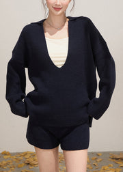 Casual Navy Deep-V Neck Knit Womens Two-Piece Set Fall
