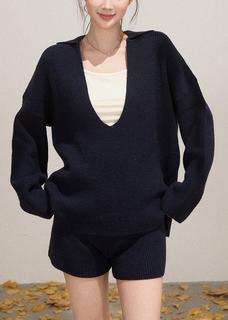 Casual Navy Deep-V Neck Knit Womens Two-Piece Set Fall