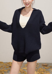 Casual Navy Deep-V Neck Knit Womens Two-Piece Set Fall