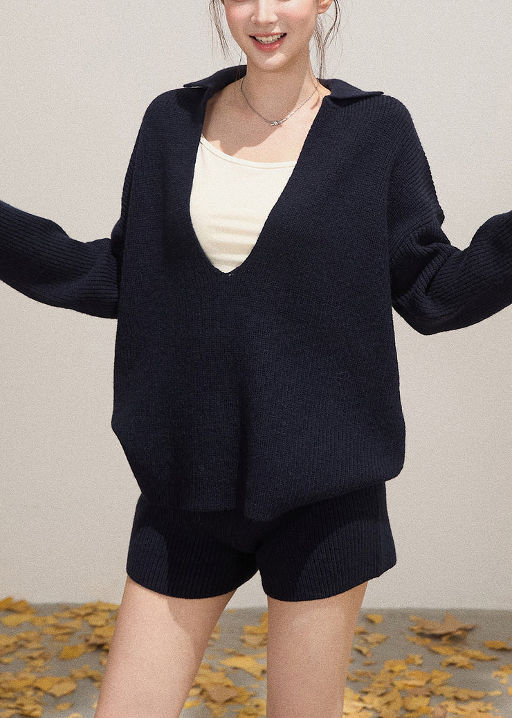 Casual Navy Deep-V Neck Knit Womens Two-Piece Set Fall