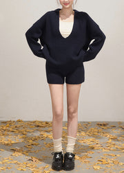 Casual Navy Deep-V Neck Knit Womens Two-Piece Set Fall